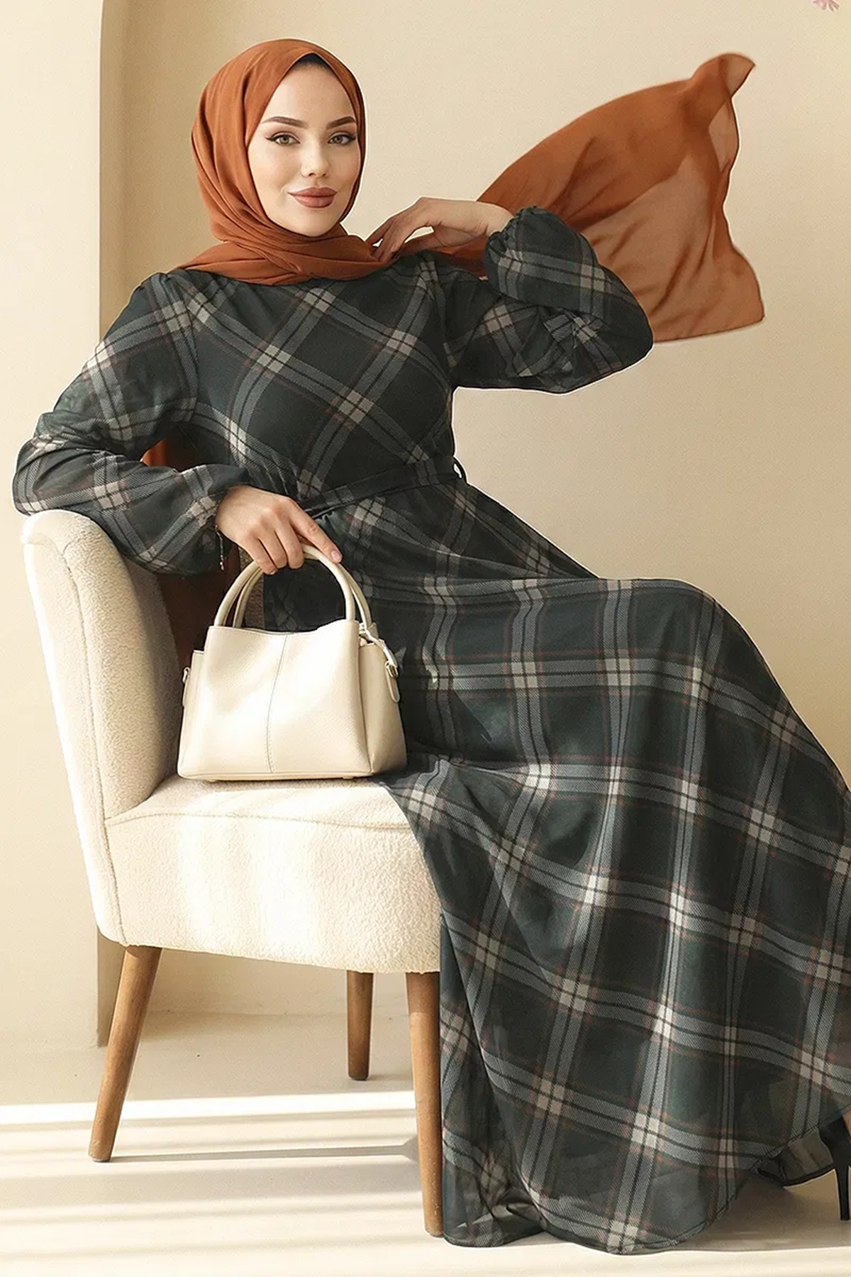 Ekose Tül Elbise Haki