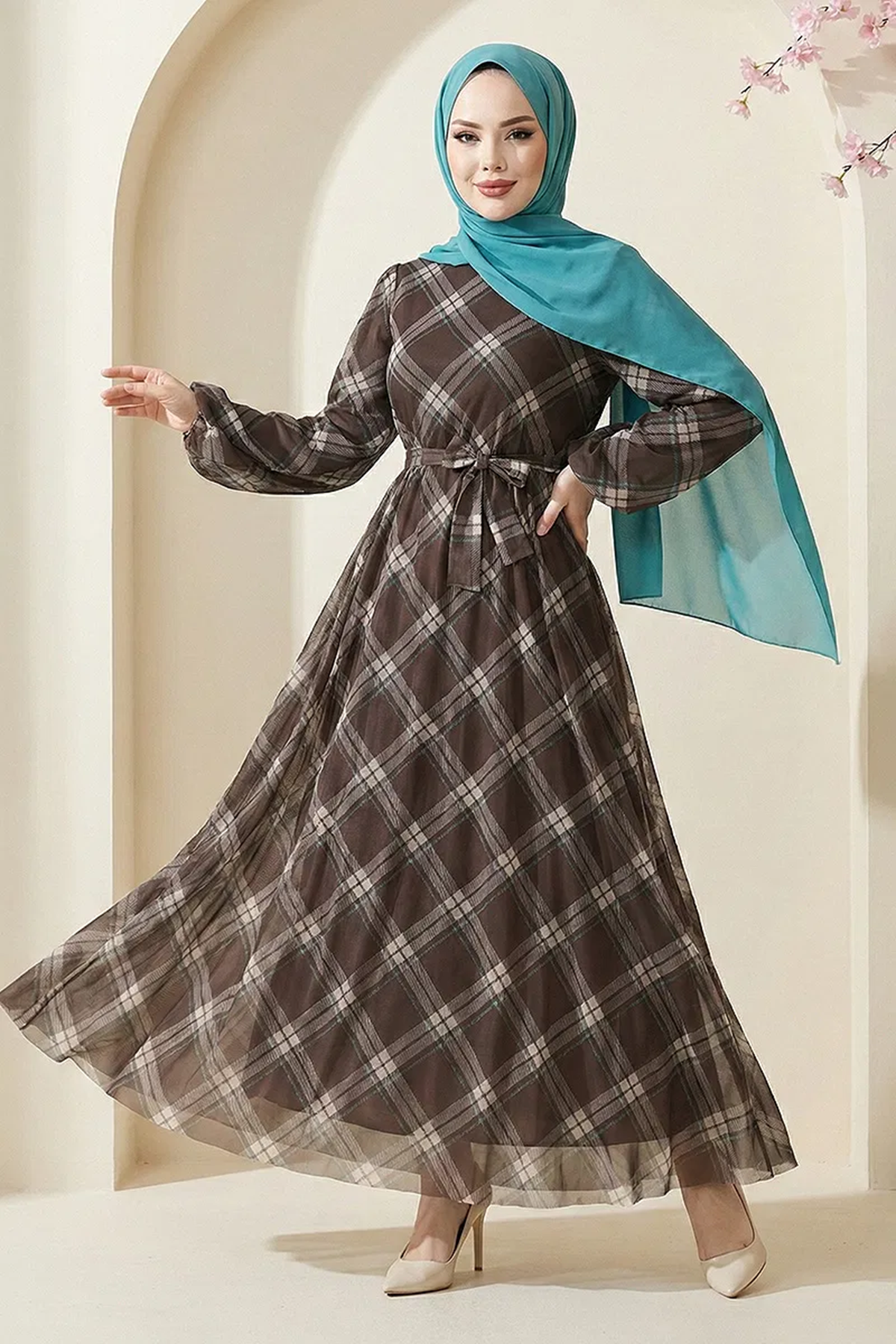 Ekose Tül Elbise Kahve