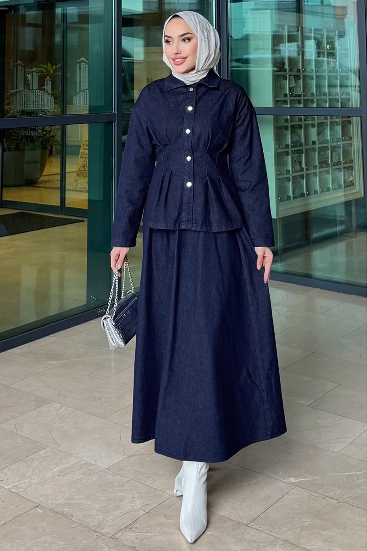 Pile Detaylı Kot Takım Koyu Kot