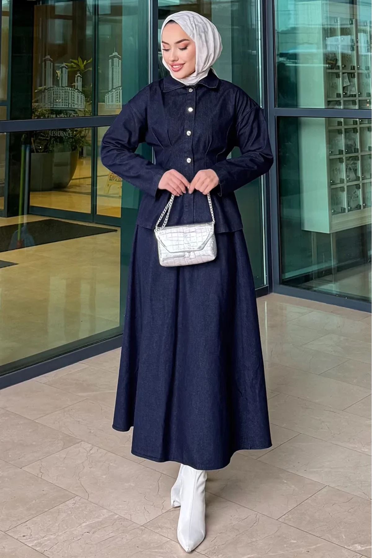 Pile Detaylı Kot Takım Koyu Kot