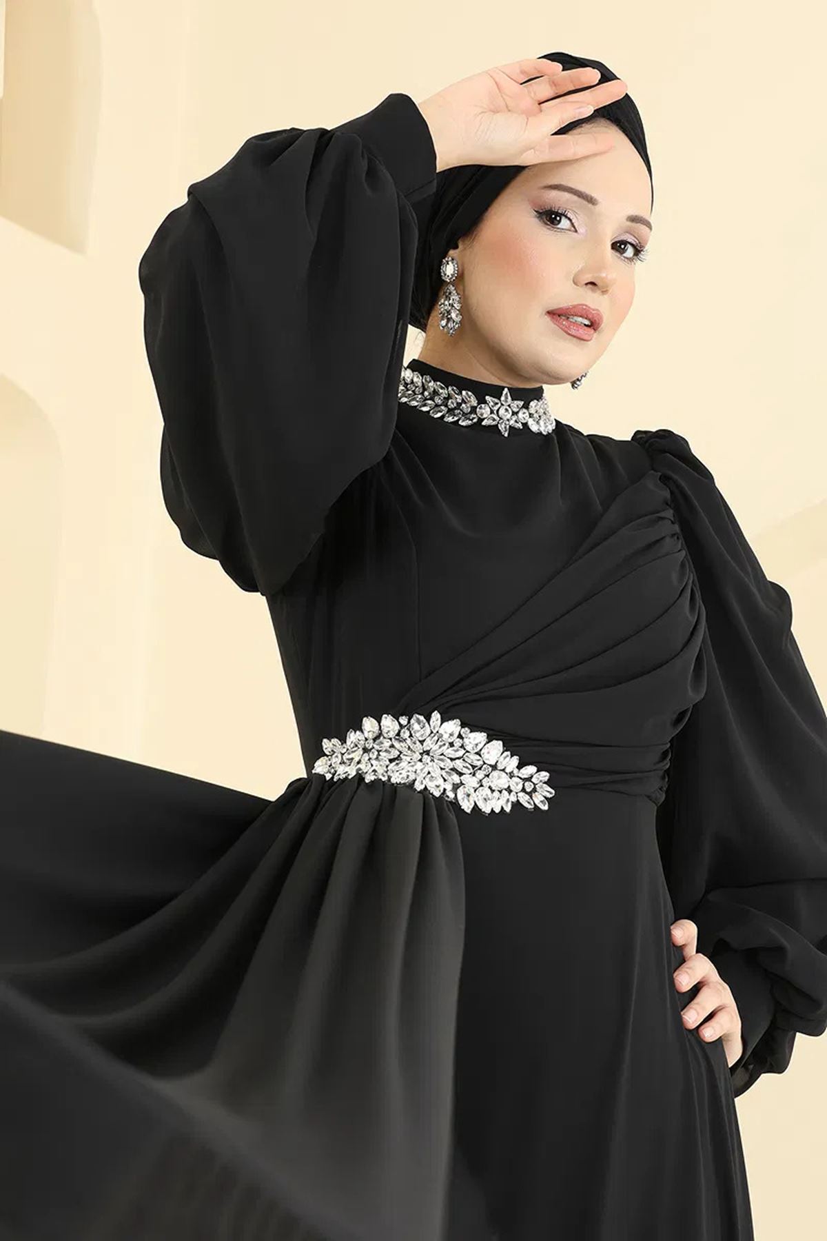 Taş Detaylı Abiye Siyah