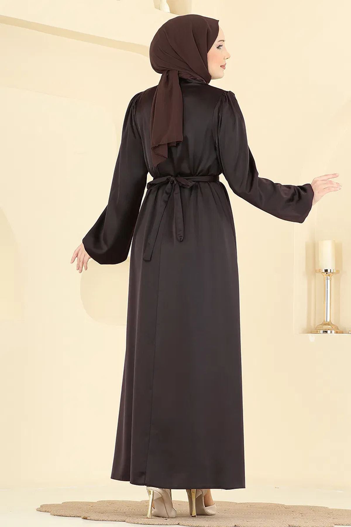 Gül Aksesuarlı Saten Abiye Kahve