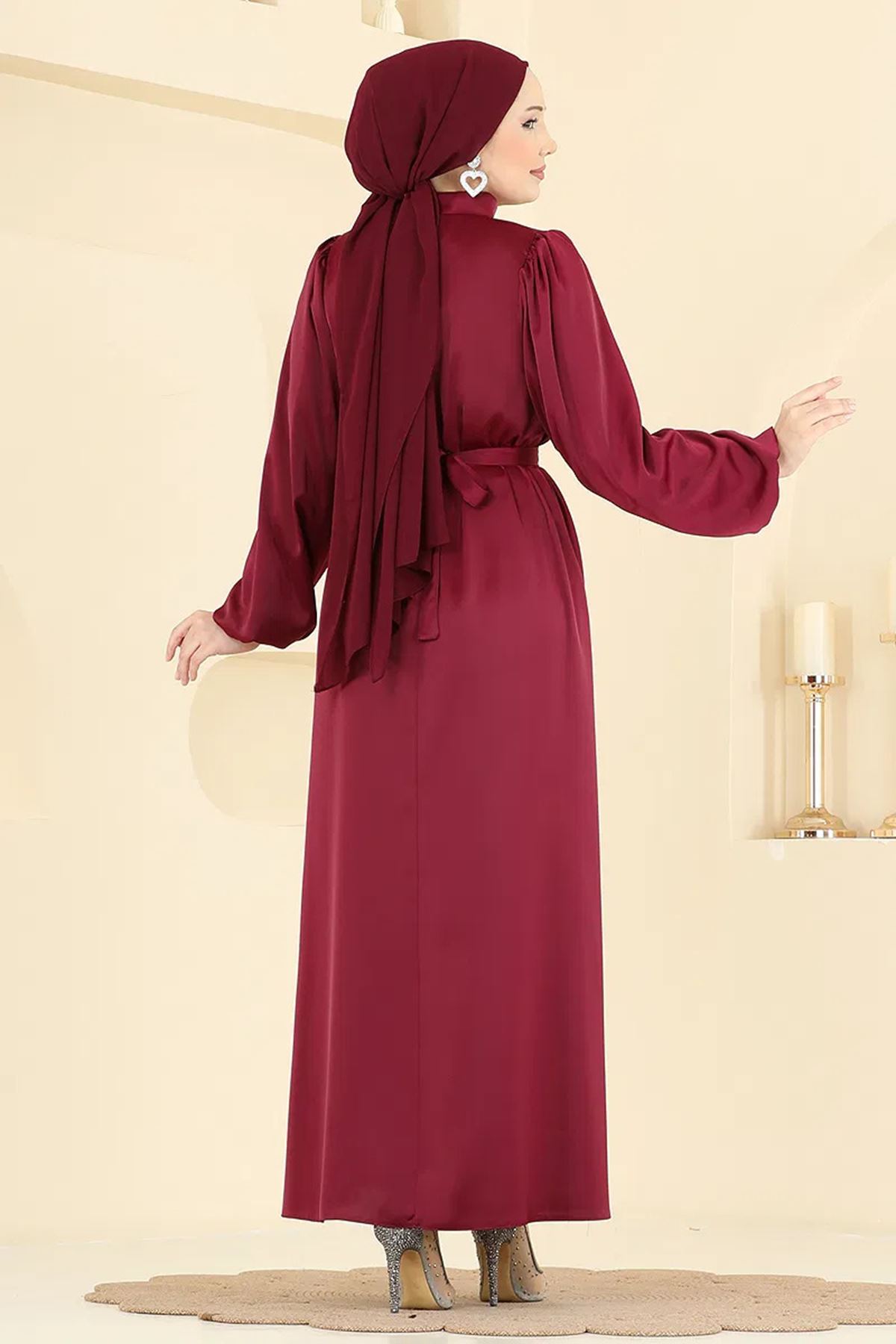 Gül Aksesuarlı Saten Abiye Bordo