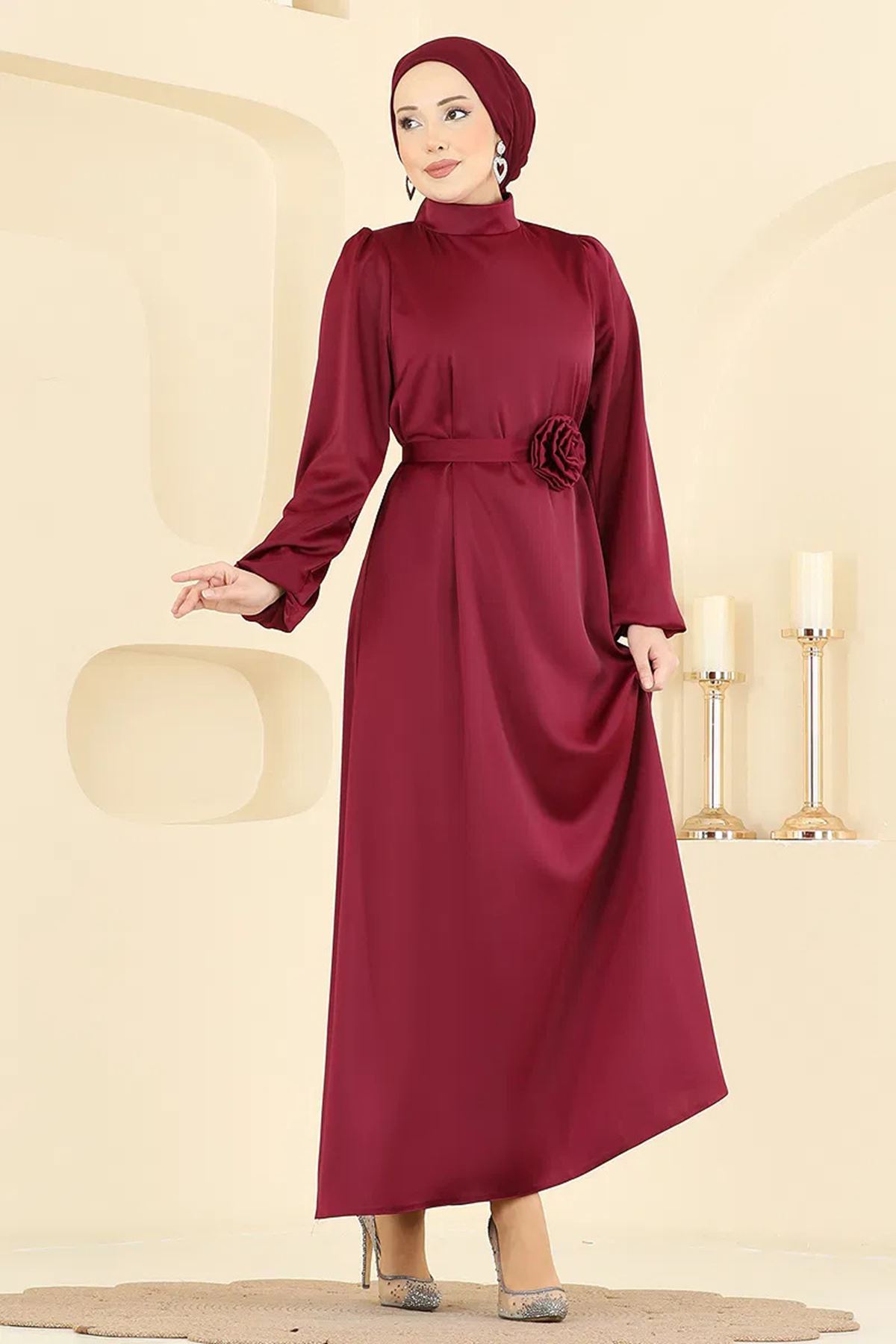 Gül Aksesuarlı Saten Abiye Bordo