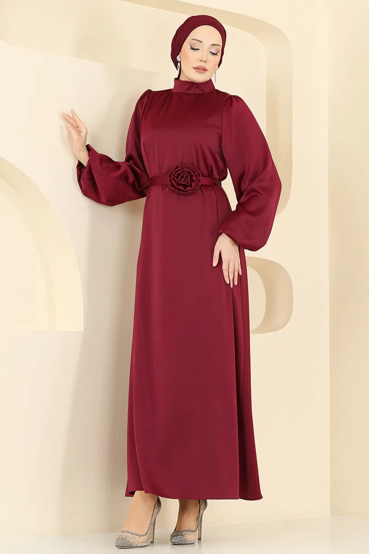 Gül Aksesuarlı Saten Abiye Bordo