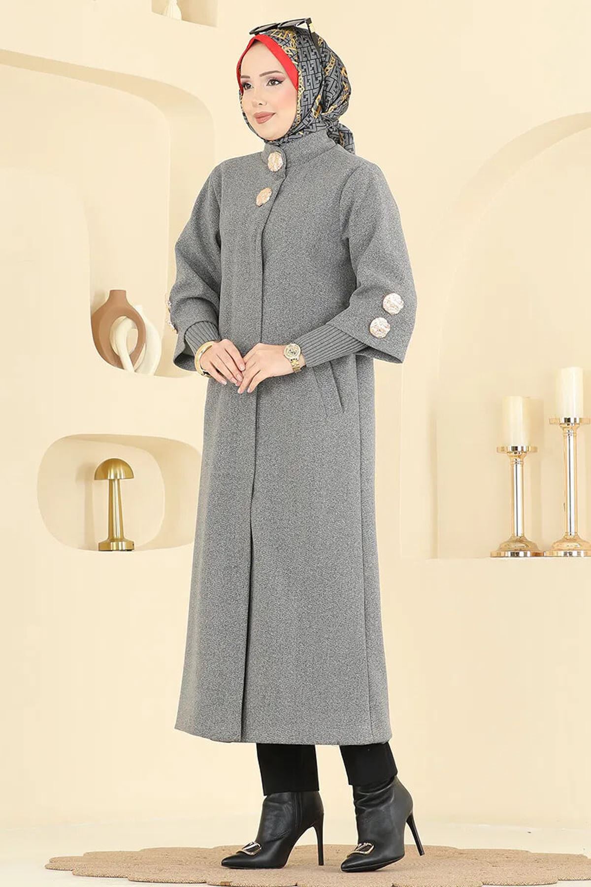 Gold Düğme Detaylı Kaban Antrasit