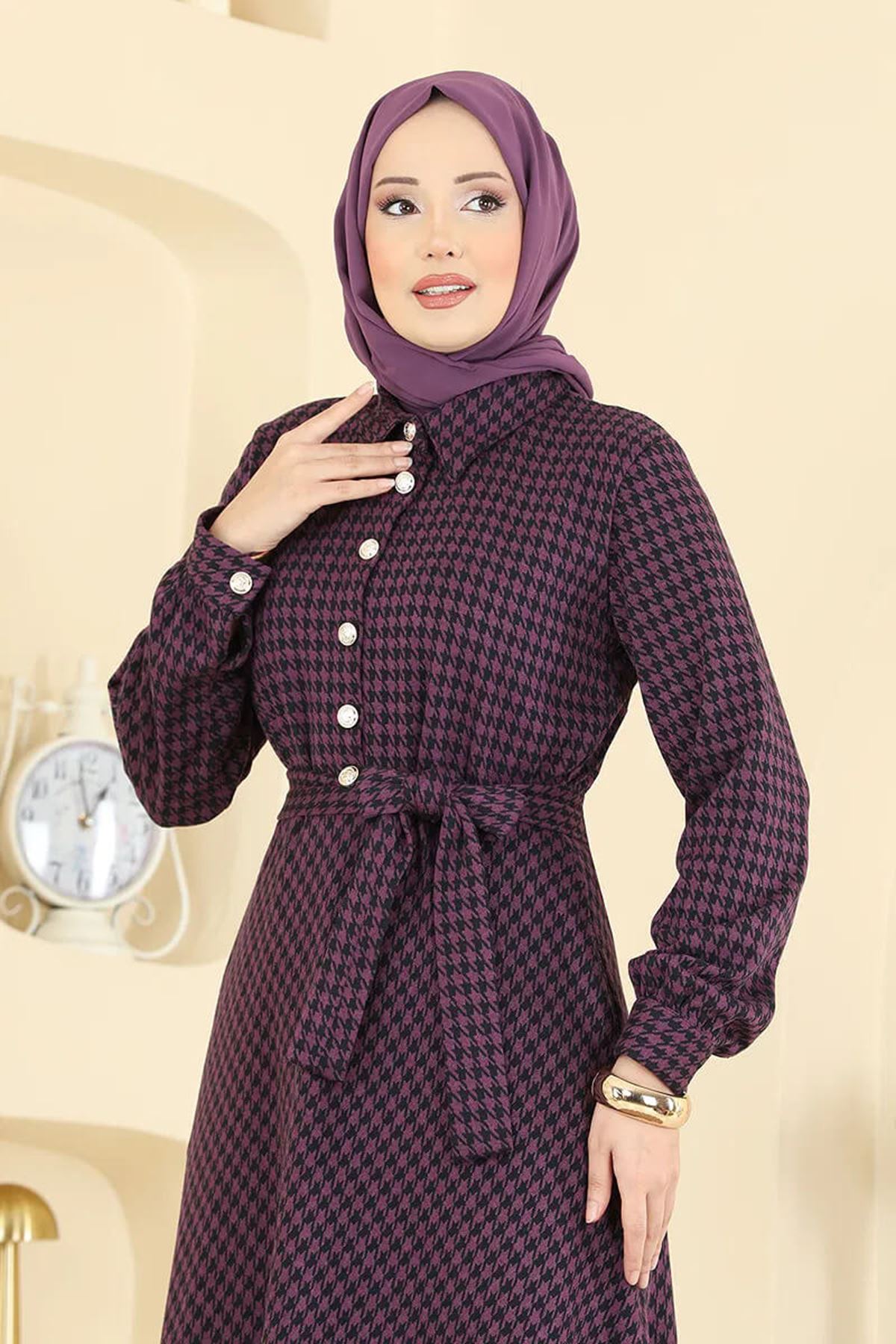 Düğme Detaylı Elbise Mürdüm