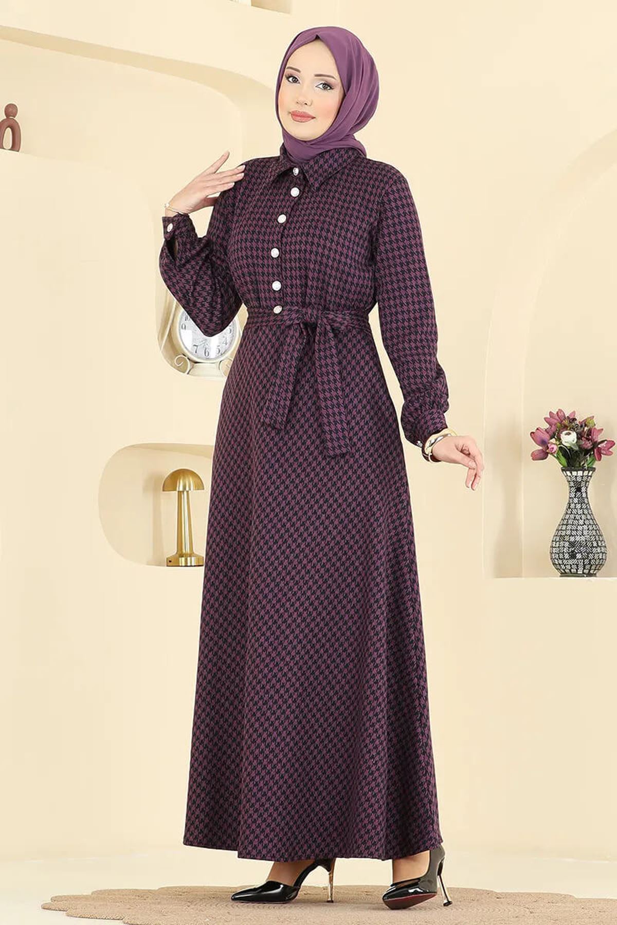 Düğme Detaylı Elbise Mürdüm