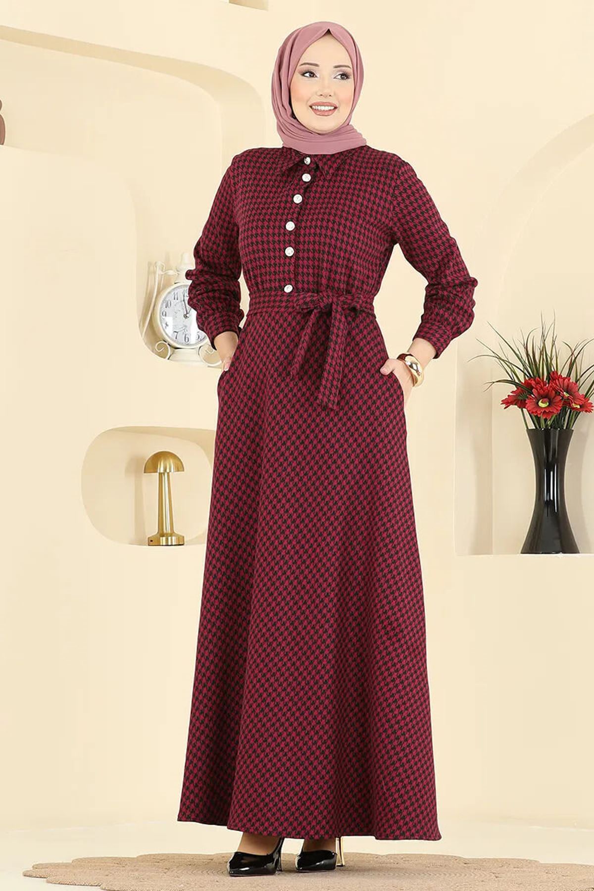 Düğme Detaylı Elbise Bordo