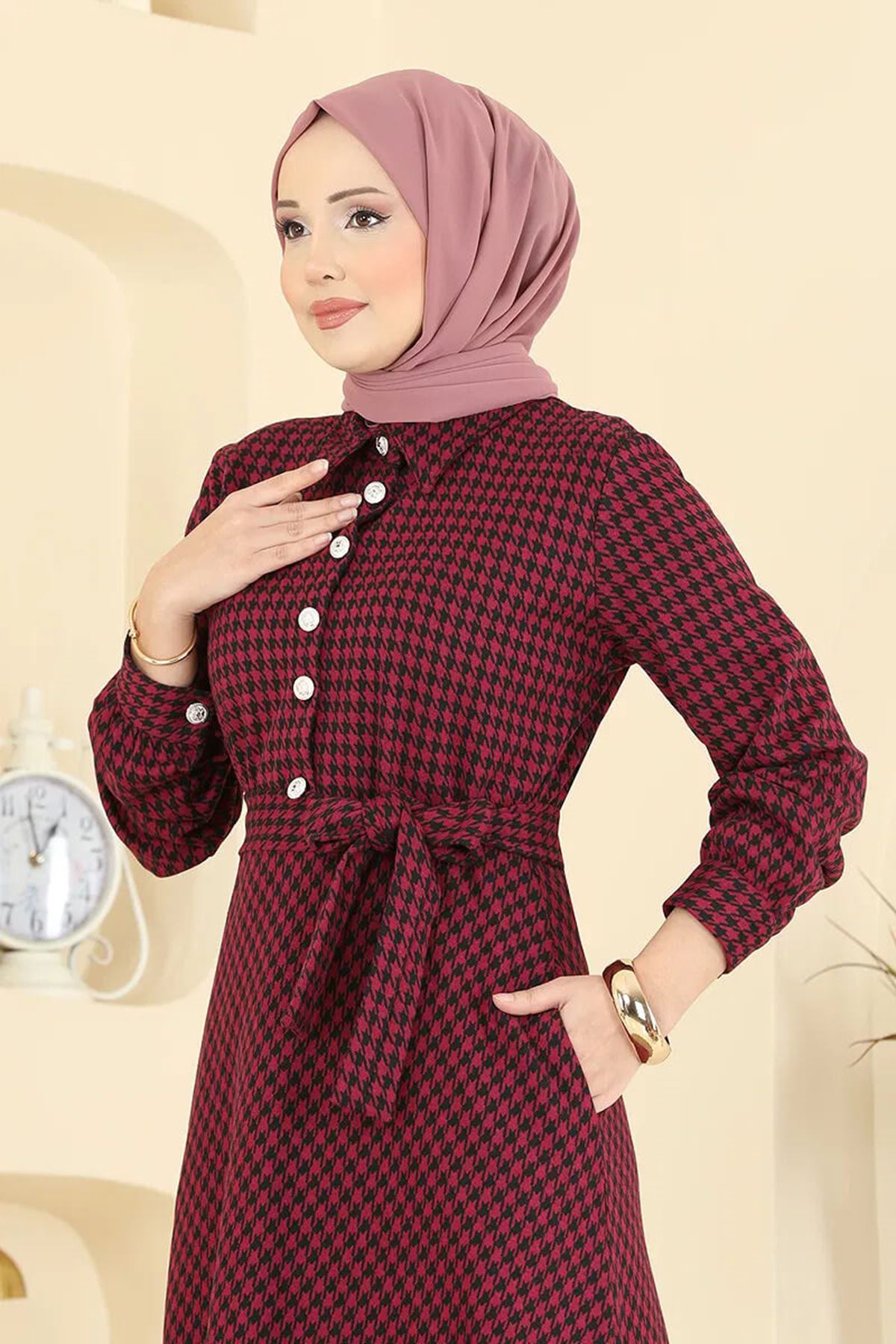 Düğme Detaylı Elbise Bordo