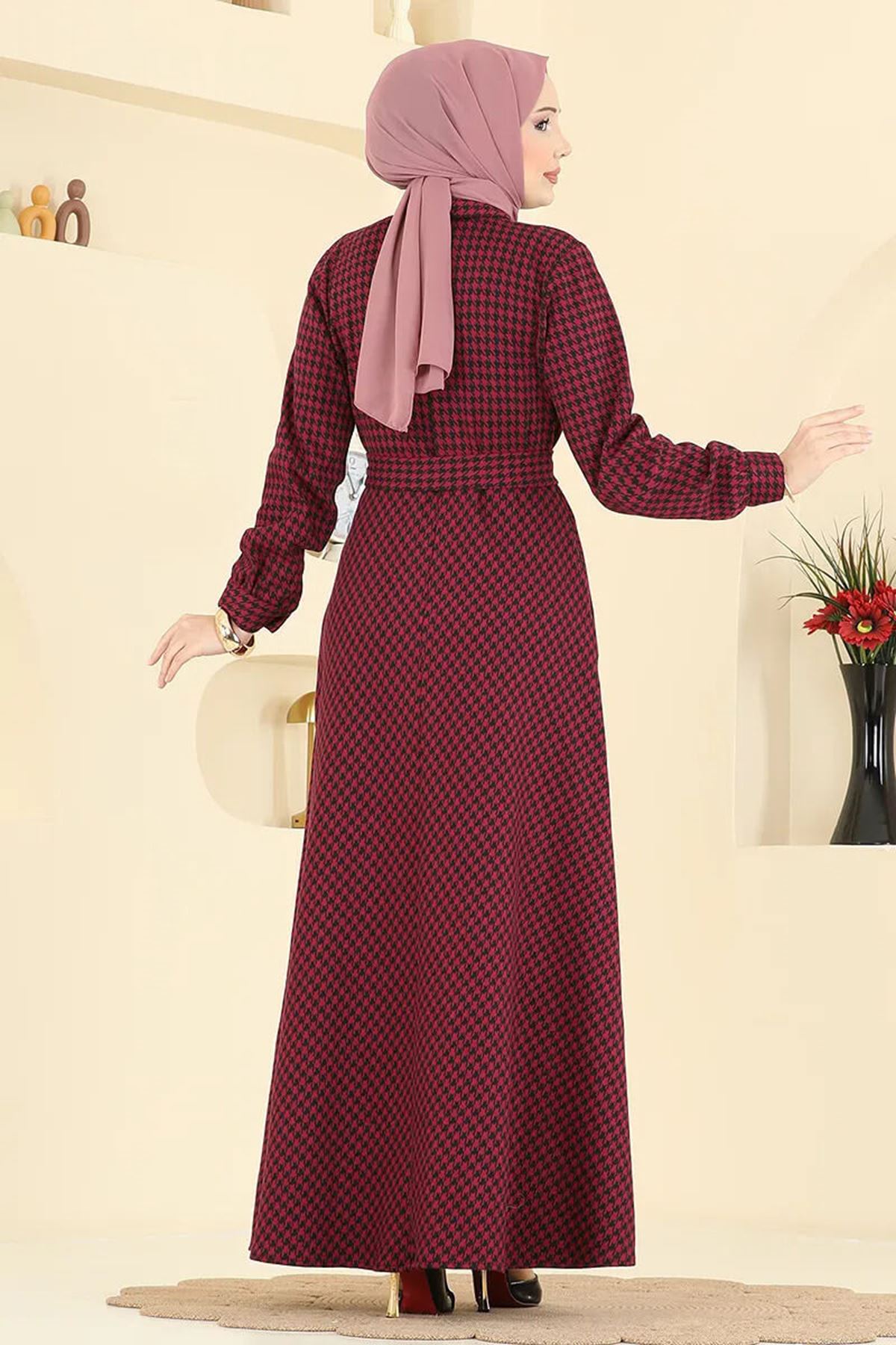 Düğme Detaylı Elbise Bordo