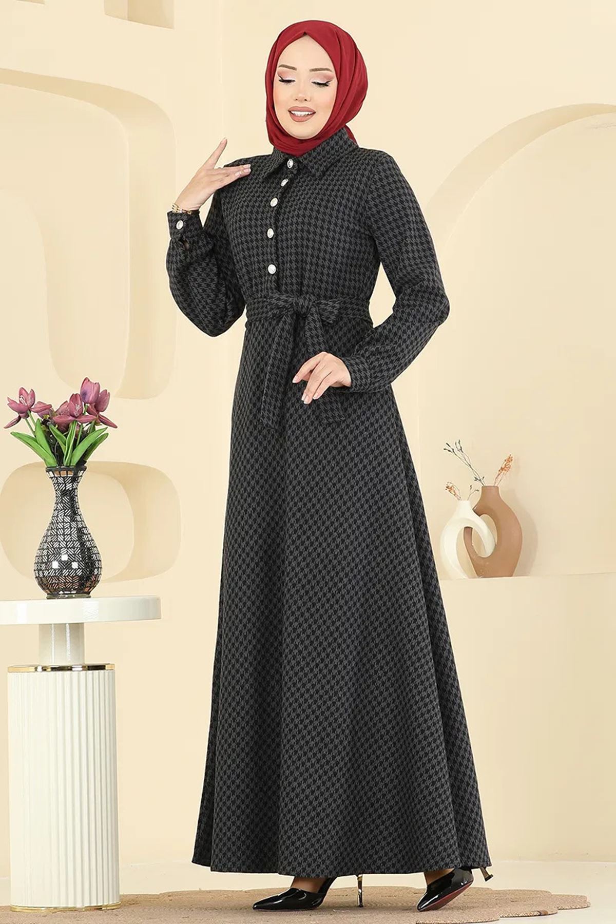 Düğme Detaylı Elbise Antrasit