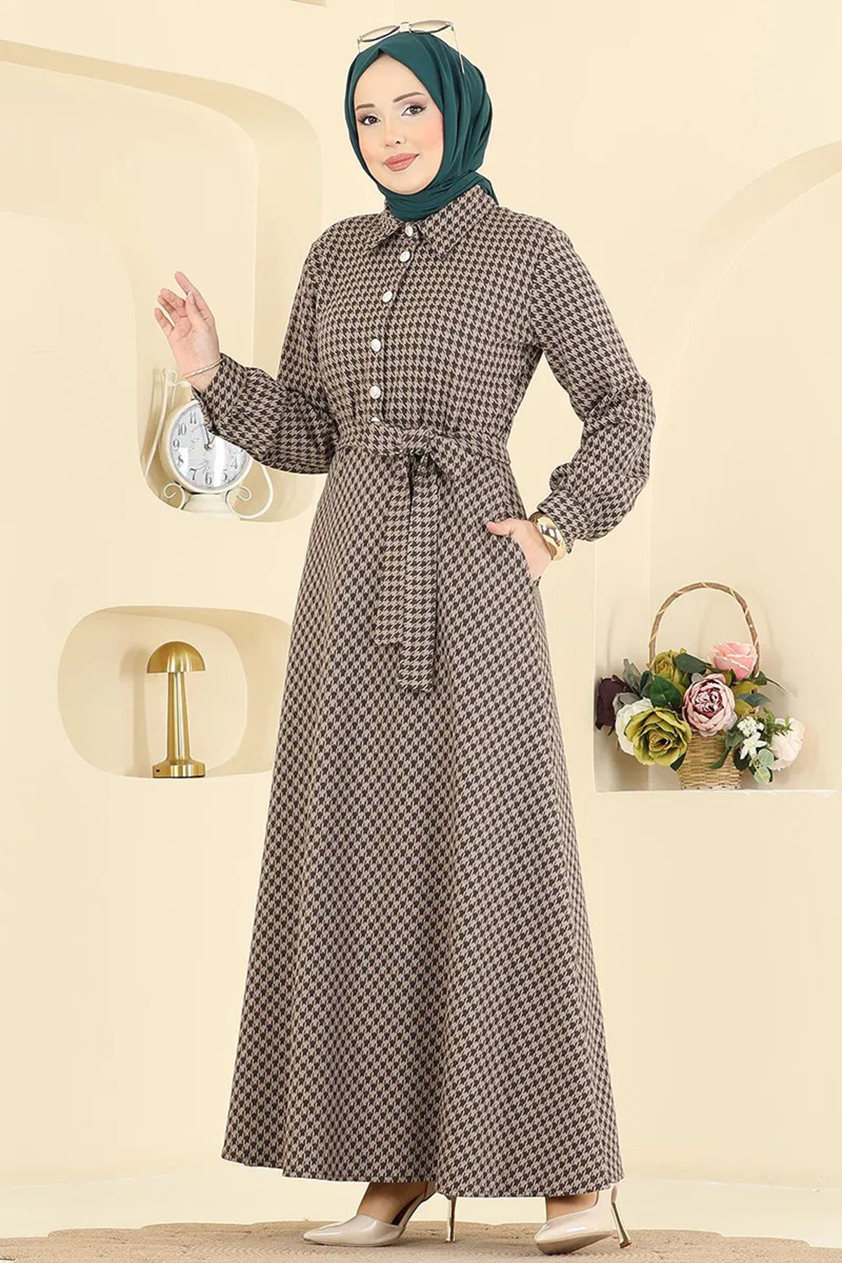 Düğme Detaylı Elbise Kahve