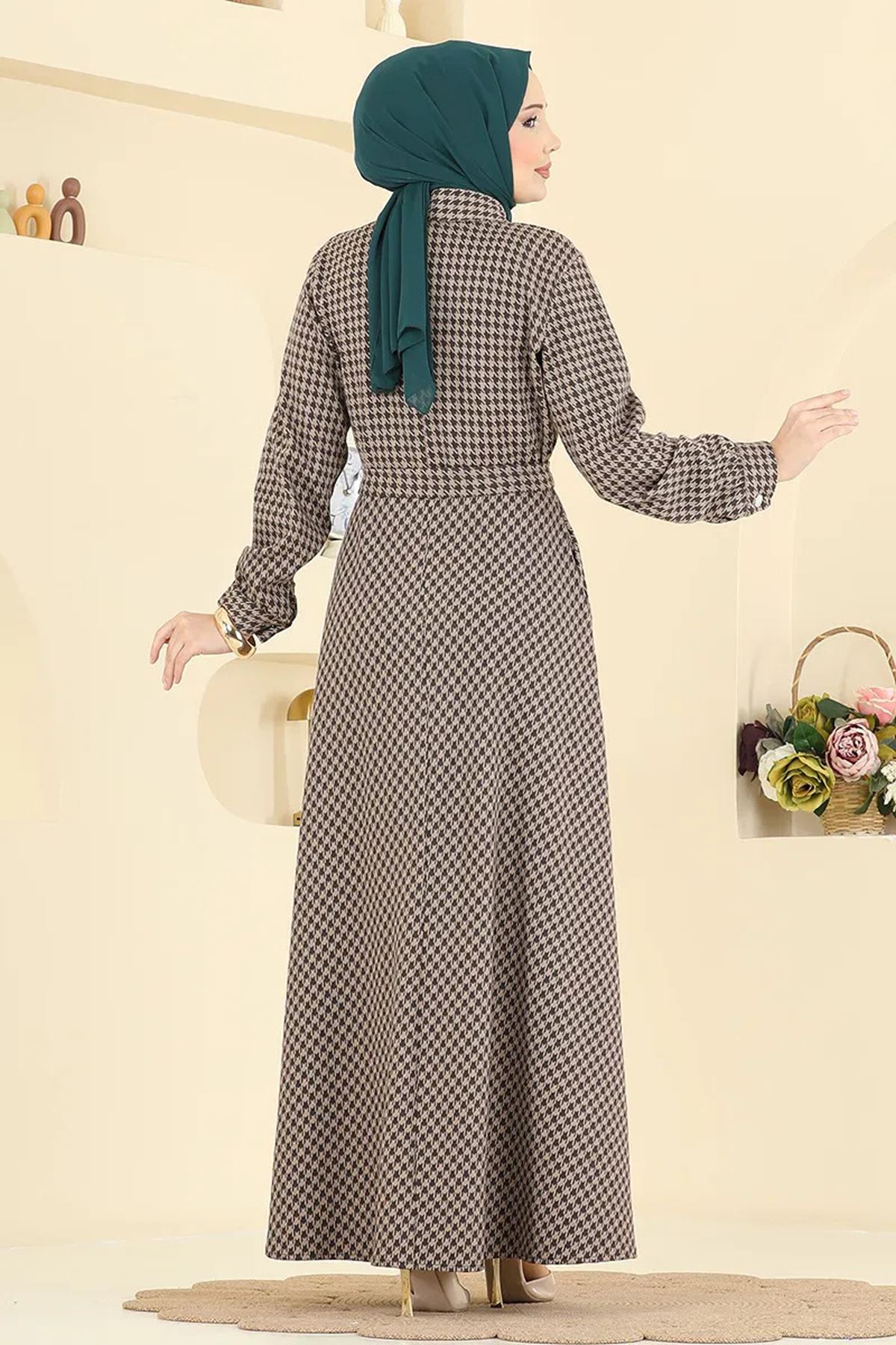 Düğme Detaylı Elbise Kahve