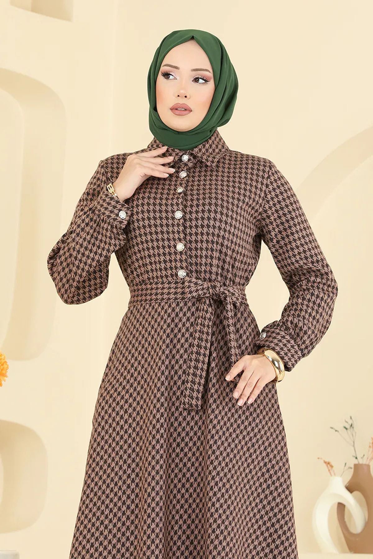 Düğme Detaylı Elbise Latte