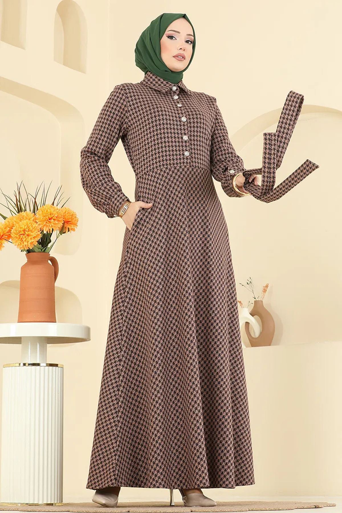 Düğme Detaylı Elbise Latte