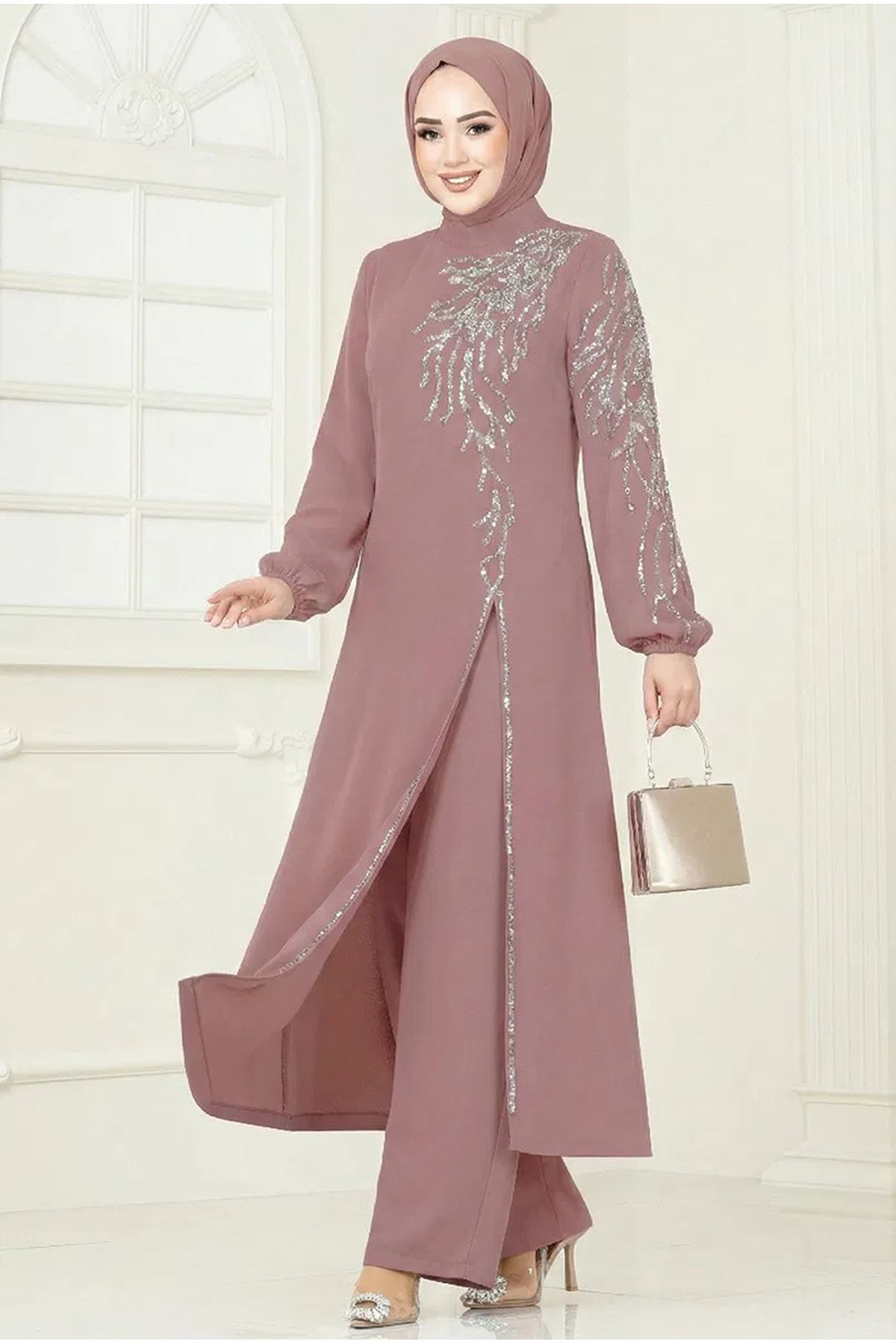 Taşlı Şık Takım Koyu Pudra Vizyon