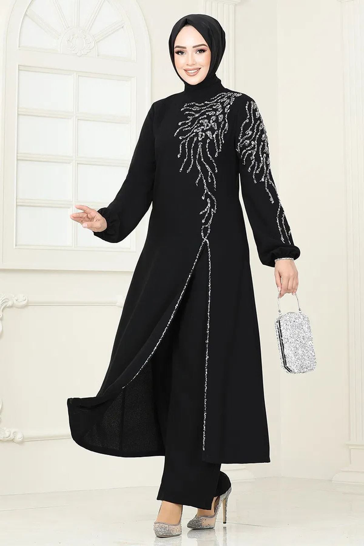 Taşlı Şık Takım Siyah