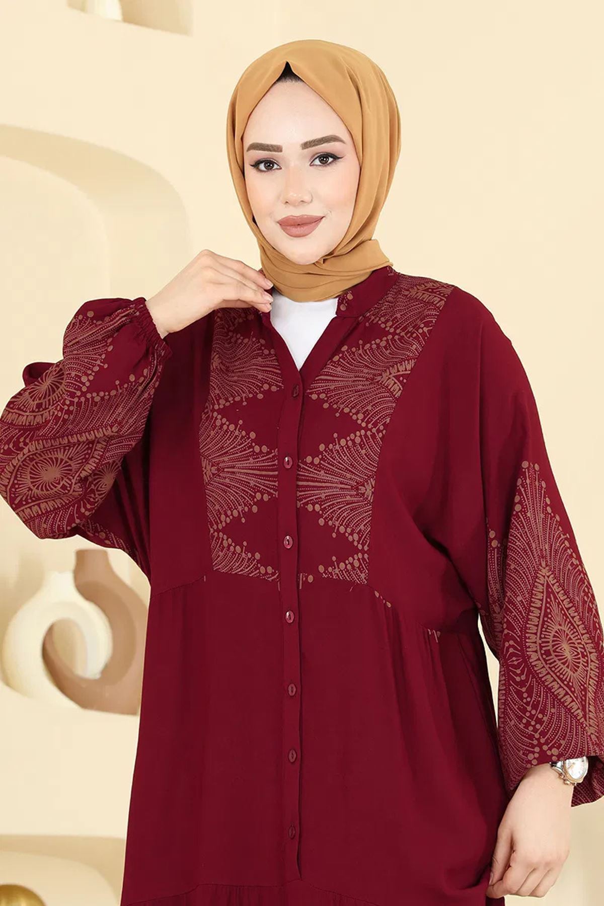 Desenli Viskon Elbise Bordo