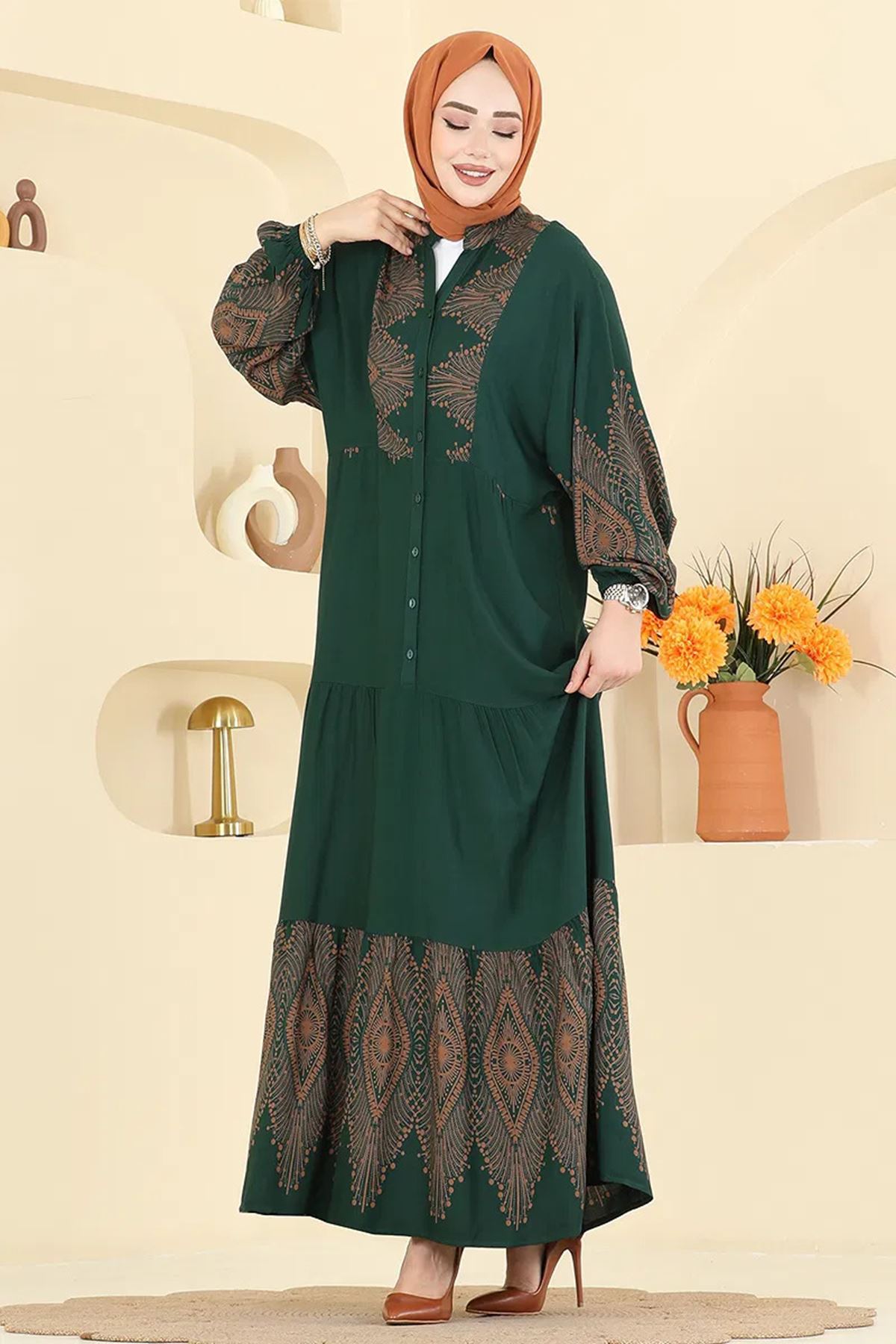 Desenli Viskon Elbise Zümrüt