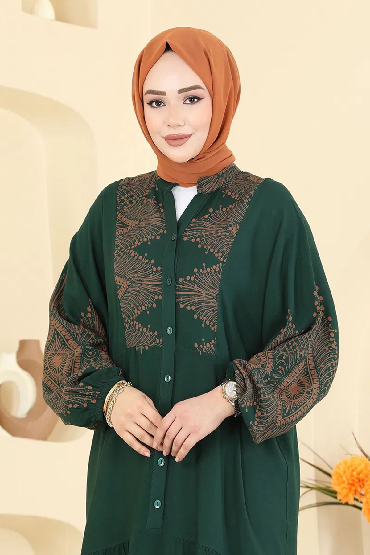 Desenli Viskon Elbise Zümrüt