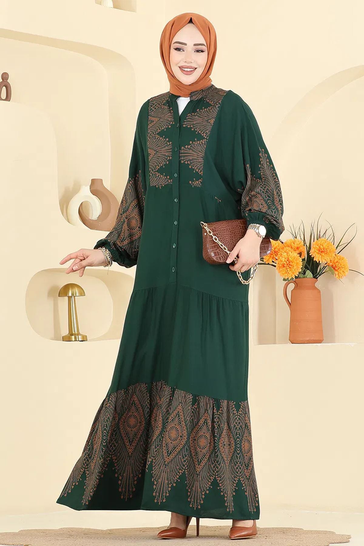 Desenli Viskon Elbise Zümrüt