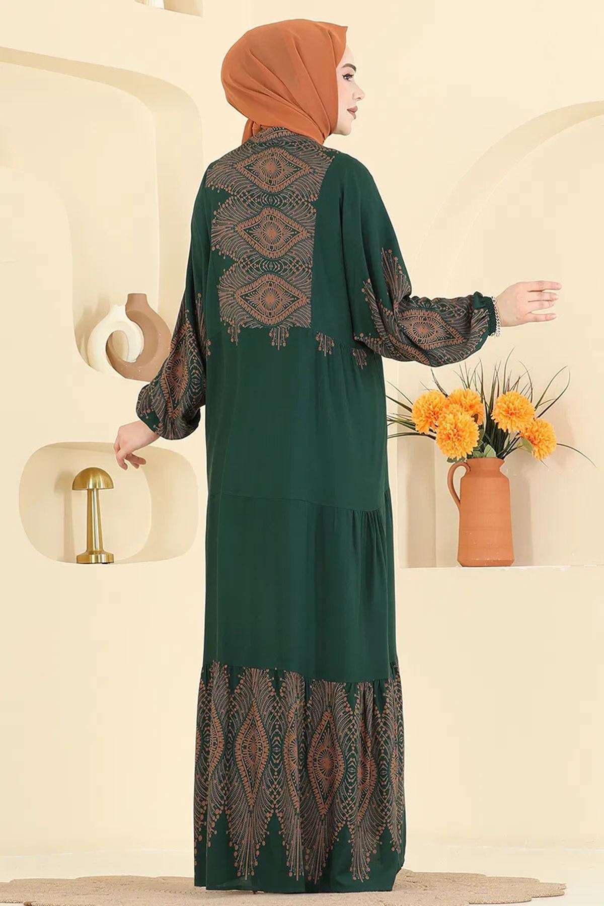 Desenli Viskon Elbise Zümrüt