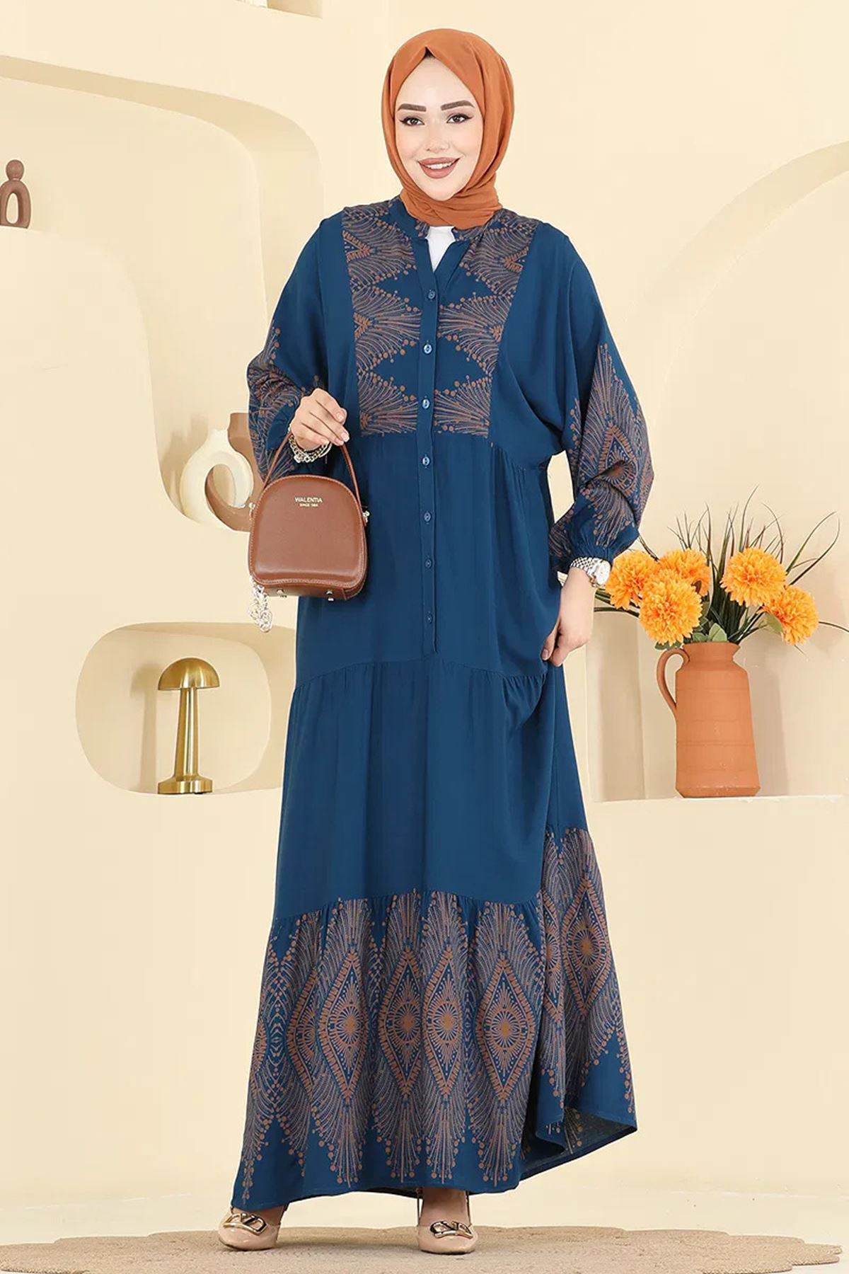 Desenli Viskon Elbise Petrol