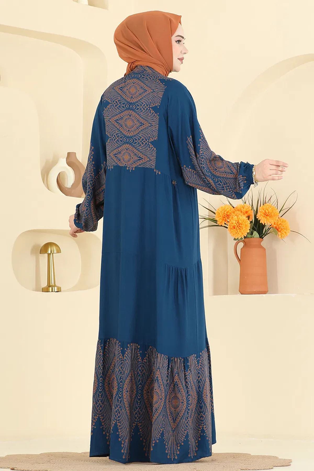 Desenli Viskon Elbise Petrol