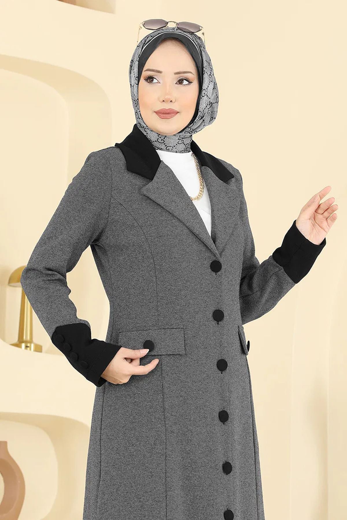 Kruvaze Yaka Kombin Gri&Siyah