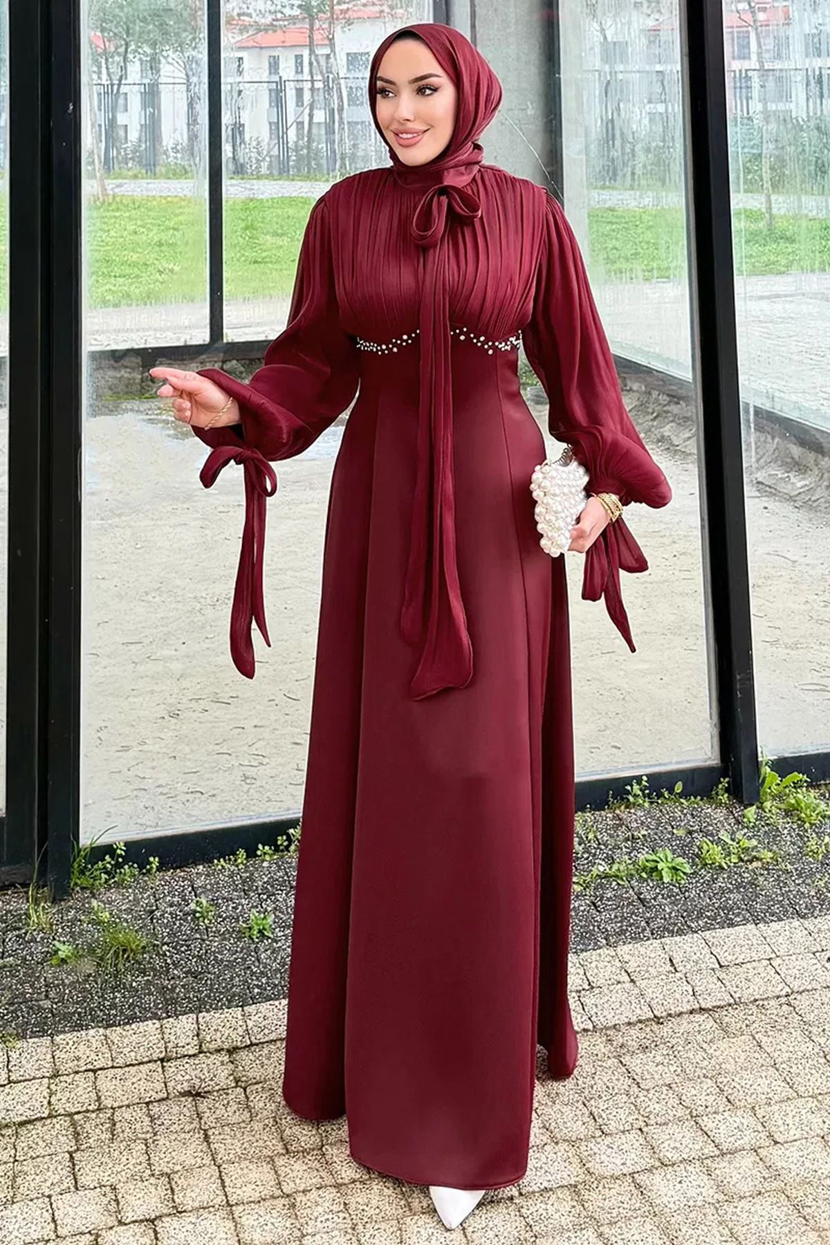 Taş Detaylı Abiye Bordo