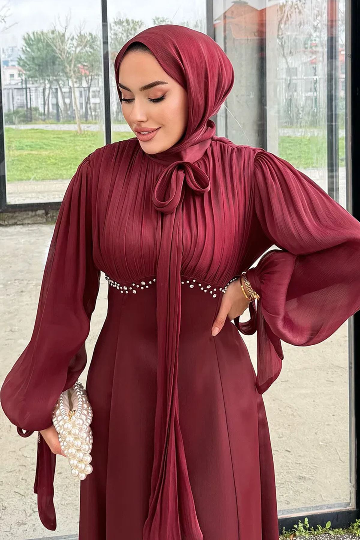 Taş Detaylı Abiye Bordo