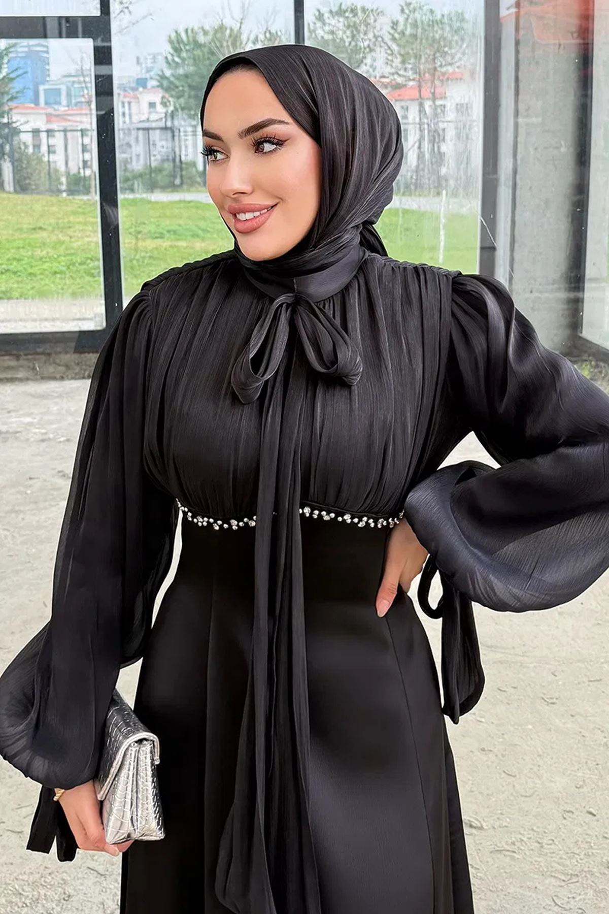 Taş Detaylı Abiye Siyah