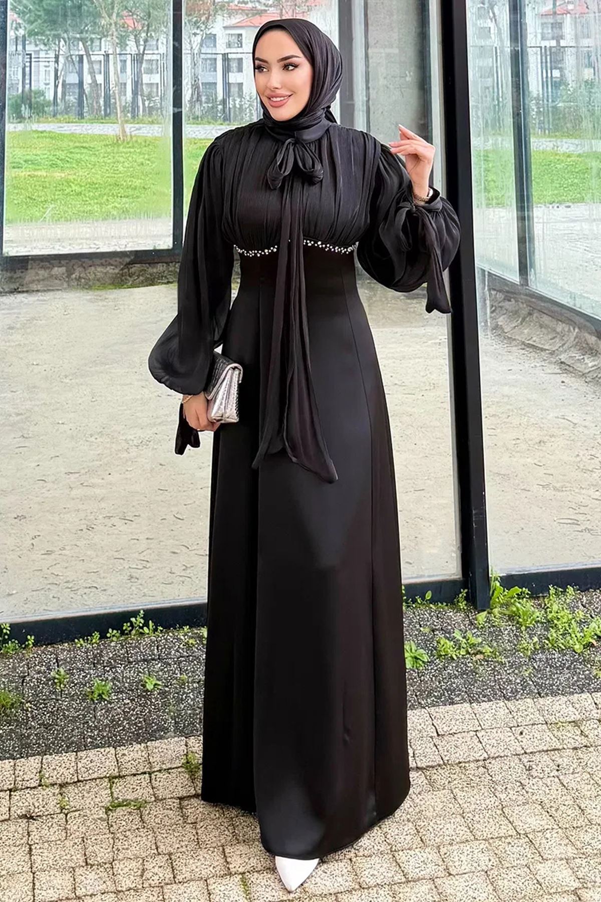 Taş Detaylı Abiye Siyah