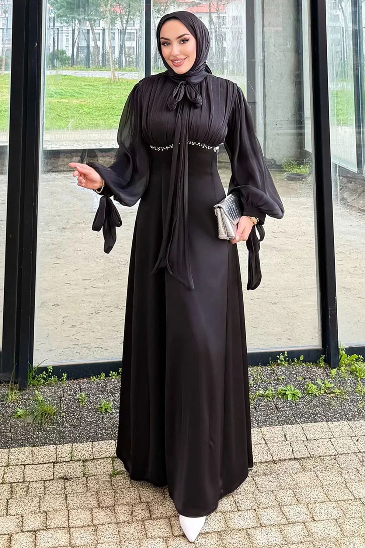 Taş Detaylı Abiye Siyah