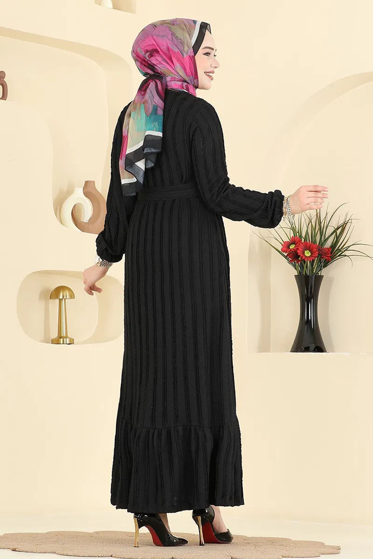 Kuşak Piliseli Elbise Siyah