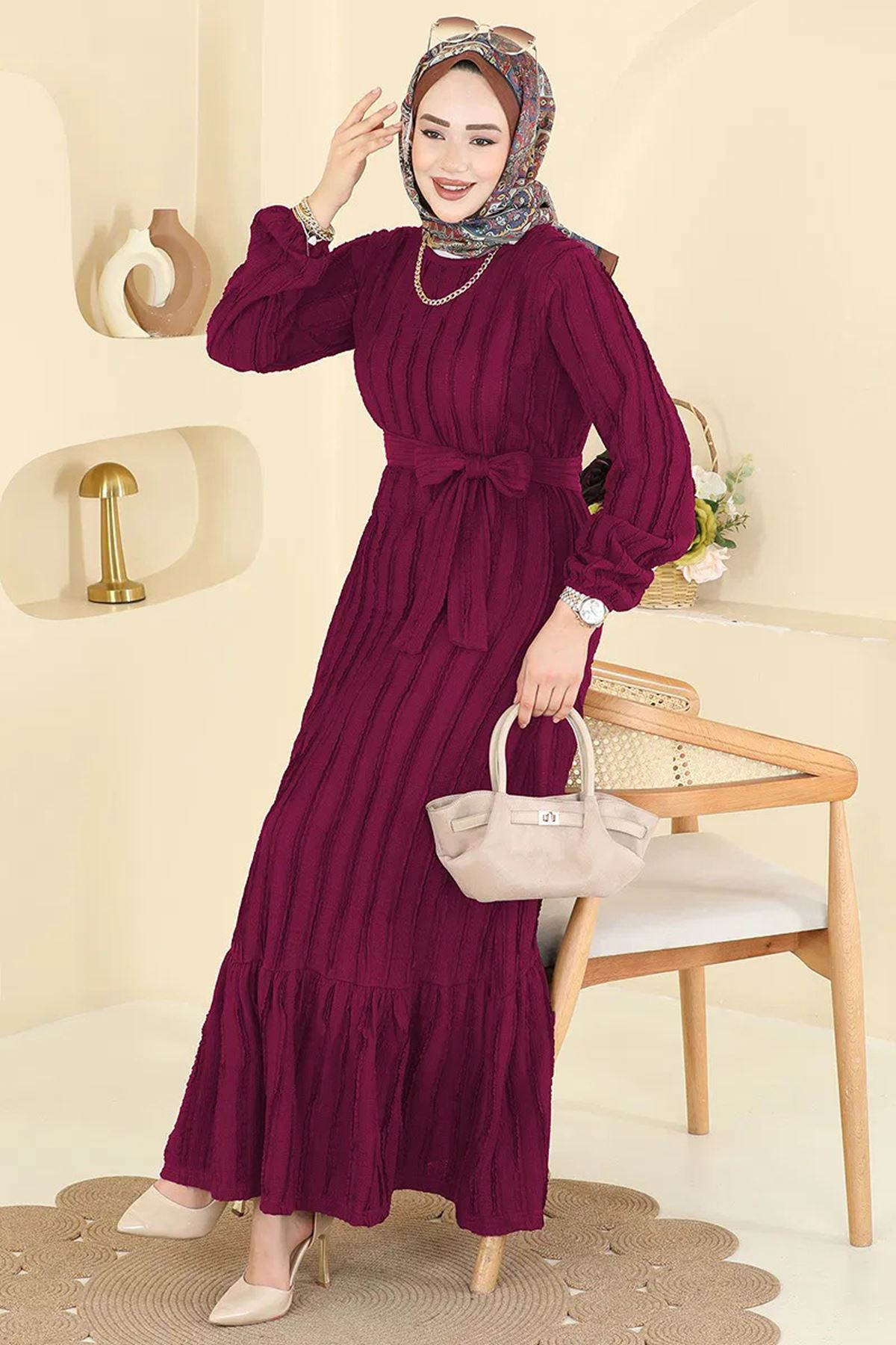 Kuşak Piliseli Elbise Bordo