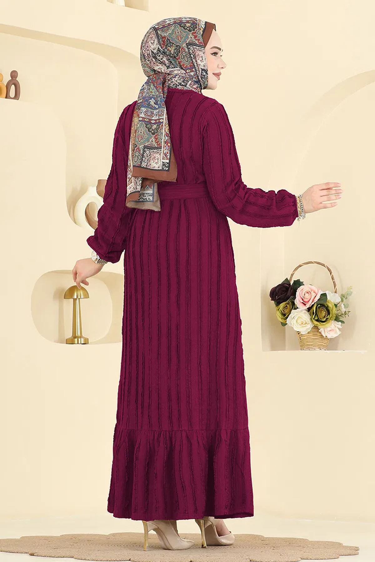 Kuşak Piliseli Elbise Bordo