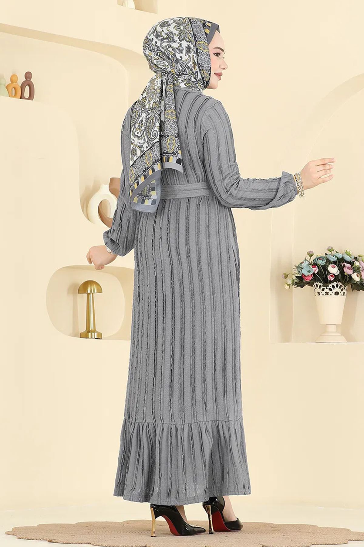 Kuşak Piliseli Elbise Gri