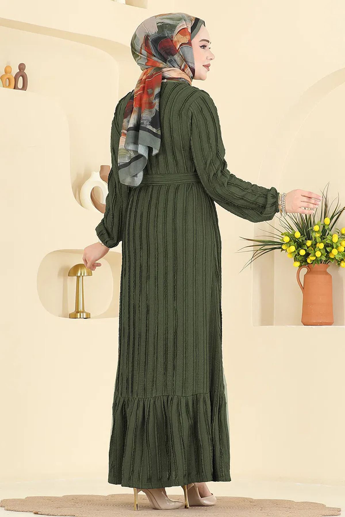 Kuşak Piliseli Elbise Haki