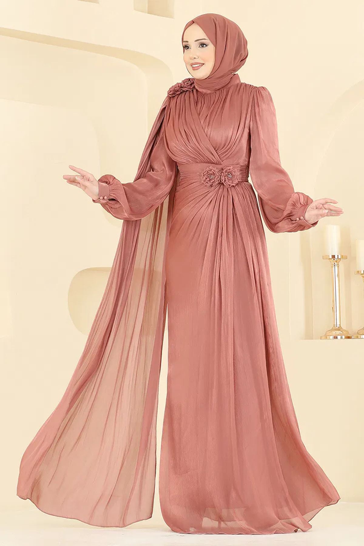 Çiçek Detaylı Abiye Koyu Gül Kurusu