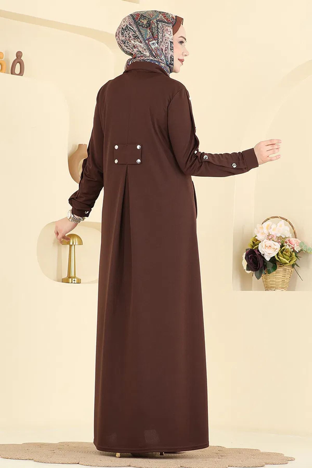 Düğmeli Örme Krep Ferace Kahve