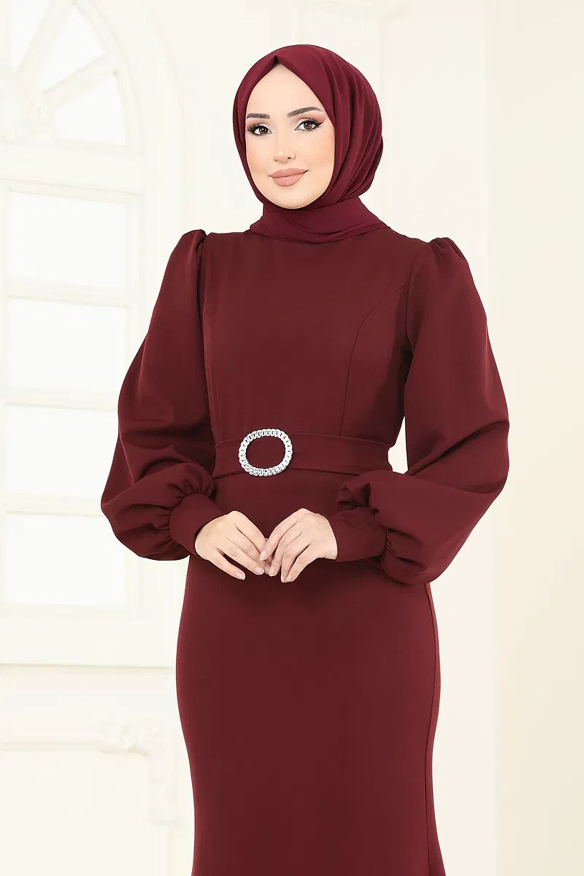 Balık Model Balon Kollu Abiye Bordo