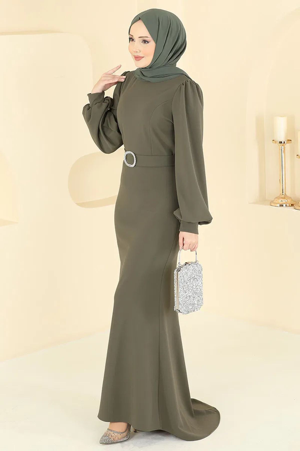 Balık Model Balon Kollu Abiye Haki