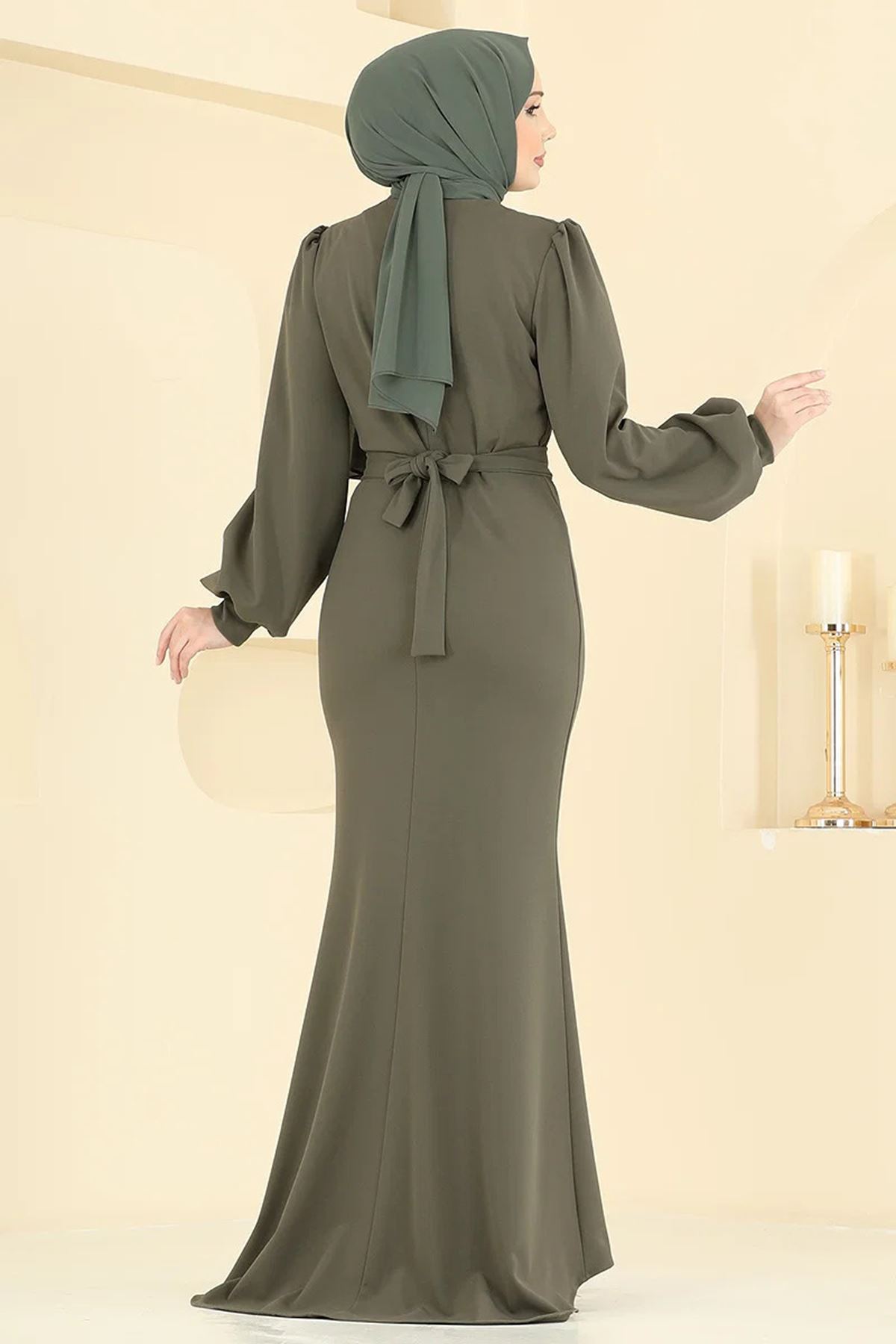 Balık Model Balon Kollu Abiye Haki