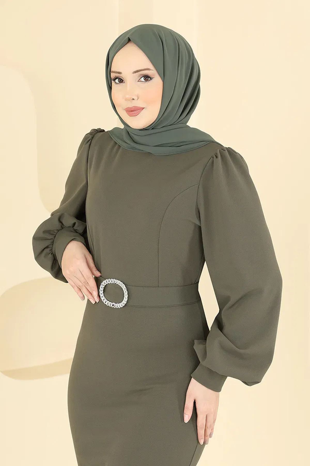 Balık Model Balon Kollu Abiye Haki