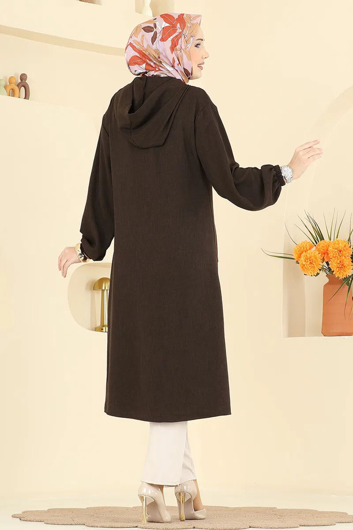 Düğmeli Uzun Kap Acı Kahve