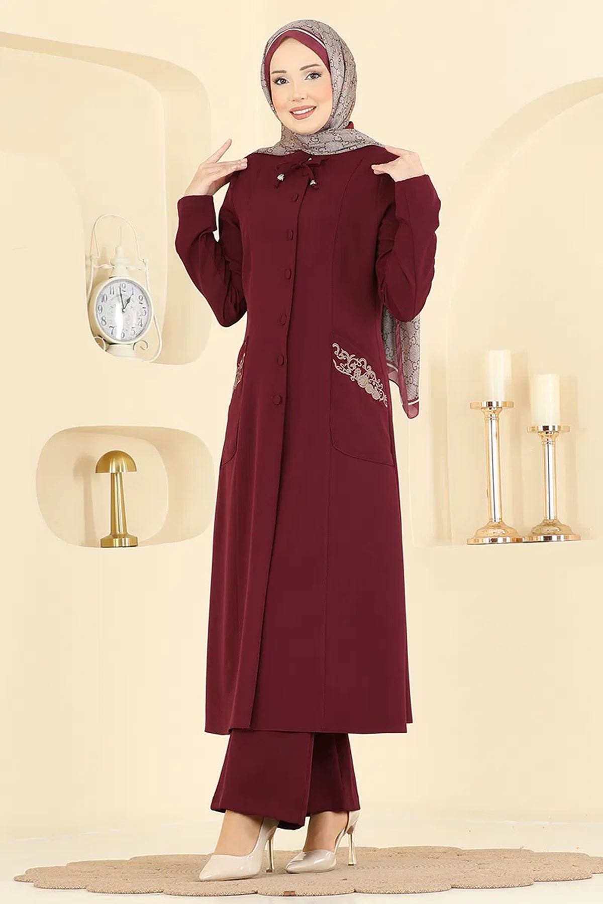 Nakışlı Detaylı 2 Li Takım Bordo