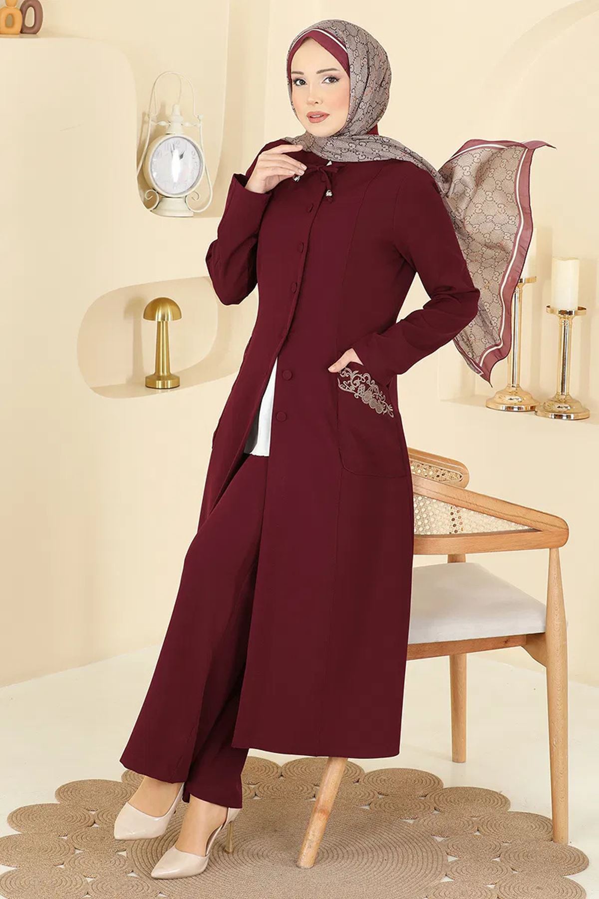 Nakışlı Detaylı 2 Li Takım Bordo