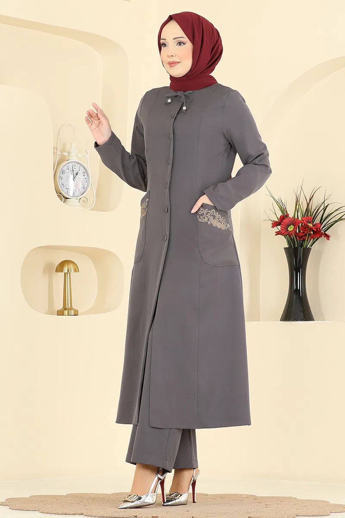 Nakışlı Detaylı 2 Li Takım Antrasit